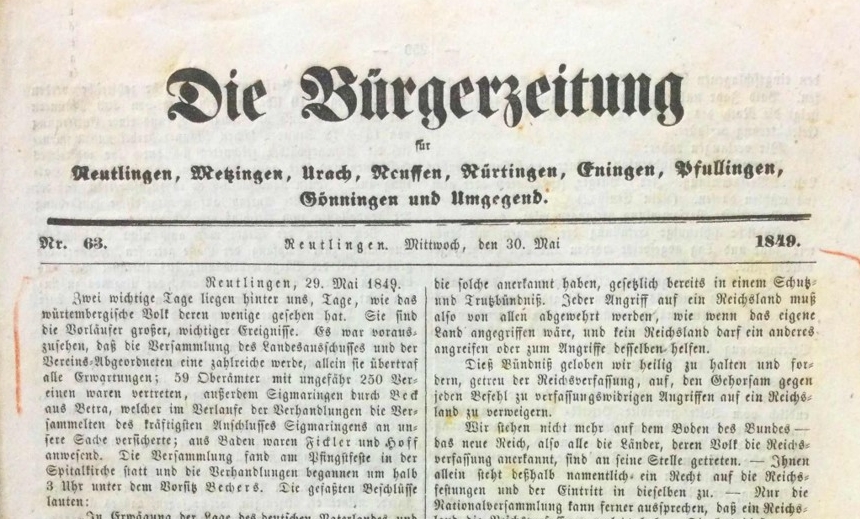 Titelseite der Bürgerzeitung von 1849