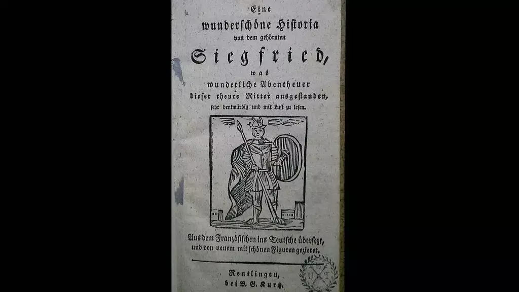 Deckblatt der Volksschrift "Eine wunderschöne Historia von dem gehörnten Siegfried, was wunderliche Abentheuer dieser theure Ritter ausgestanden, sehr denkwürdig und mit Lust zu lesen. Aus dem Französischen ins Teutsche übersetzt, und von neuem mit schönen Figuren gezieret."